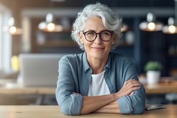 A mature, intelligent female business owner in glasses sits at her desk, hand on chin, looking confidently at the camera. She is a successful, passionate professional who loves her job. Generative AI