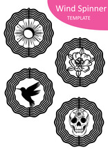 Wind Spinner Template Set Isolated On White, Vector Silhouette Design Of Spin Yard Decorations For Sublimation. Garden Decor Hummingbird Circle, Skull And Floral Shapes