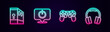 © Iryna - Set line Case of computer, Power button, Game controller or joystick and Headphones. Glowing neon icon. Vector