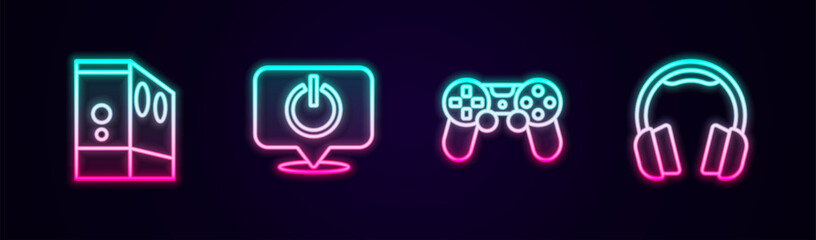 Canvas Print - Set line Case of computer, Power button, Game controller or joystick and Headphones. Glowing neon icon. Vector