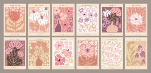 Boho Floral posters with for your design. Hand drawn Groovy prints with flowers and leaves. Postcards bohemian theme,