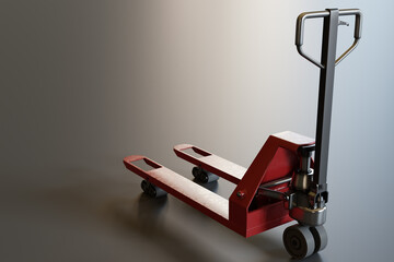 Poster - Red pallet jack. Hydraulic trolley for euro pallets. Warehouse pallet jack. Visualization of storage equipment. Pallet jack with hydraulic handle. Cart for moving goods. Realistic style. 3d image
