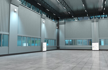 Poster - Empty industrial building. Hangar with high ceiling. Business premises. Factory building view from inside. Industrial building with metal walls. Factory hangar. Empty warehouse. 3d image