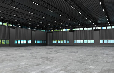 Industrial building. Empty storage. Dark hangar view from inside. Room for production work. Hangar with square windows. Warehouse rental. Industrial real estate. Empty warehouse building. 3d image