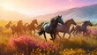 Herd of horses runs among mountains flowers fields sunlight background, group of horses among blooming meadow on hills, broodmare wild horses runs on beautiful sunny hills, generative AI