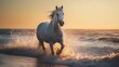Horse running along coast sunset background, beautiful horse grace of horsepower on seashore beach, powerfully broodmare horse running along sea beach, generative AI