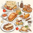 A detailed cartoon style illustration of a French cuisine breakfast set, featuring food and drinks. Perfect for any AI generative project!