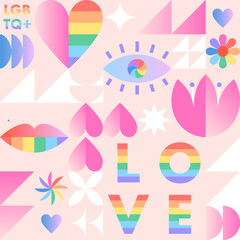 Wall Mural - Pride month pattern template.LGBTQ+ community vector illustration in bauhaus style with geometric elements and rainbow lgbt symbols.Human rights movement concept.Gay parade.Colorful cover design.