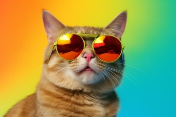 Wall Mural - sunglasses cat neon cute colourful animal fashion pet portrait funny. Generative AI.