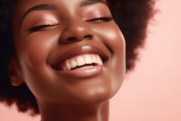 Wall Mural - Closeup of a beautiful happy African woman in studio. Toothy smile and dental health concept. Generative AI.