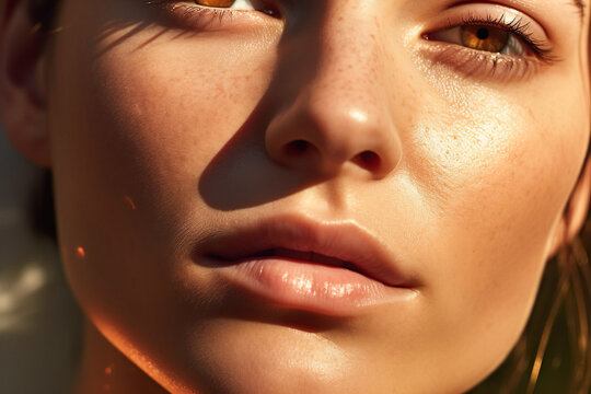 Closeup of a beautiful woman in bright sun. Generative AI.