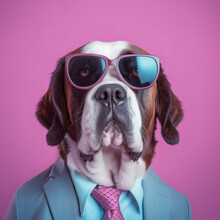 St. Bernard Dog Wearing Sunglasses And Business Suit With Tie. Generative AI Art