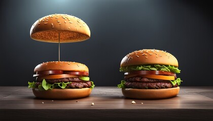 Two fresh tasty burgers isolated on grey background. Generative AI