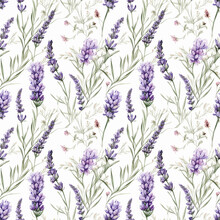 Seamless Pattern With Many Lavender Flowers On White Background In Watercolor Style. Generative AI.