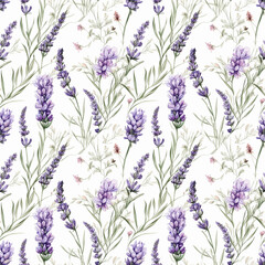 Seamless pattern with many lavender flowers on white background in watercolor style. Generative AI.