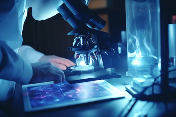 Poster - Scientists analyzing samples with a microscope and laptop in a research lab,  Generative AI