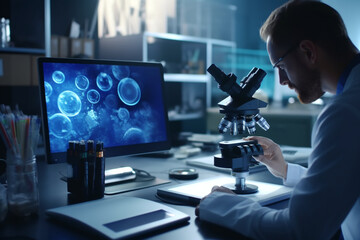 Poster - Scientists analyzing samples with microscope and laptop in a research lab,  Generative AI