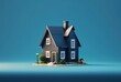 miniature model house on blue background, generative ai