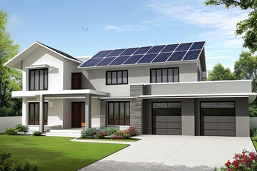 Design of modern house with solar panels on the roof. Concept ecological clear alternative energy. Generative AI.