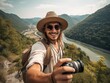 canvas print picture - Sommerurlaub und Wandern in den Bergen. Glückliche Momente im Freien, generative AI.