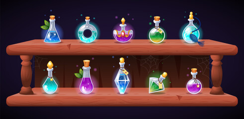 Magic potion shelf for alchemist game. Decorative apothecary poisons. Elixir glass bottles for RPG or witch poster. Wooden rack with fairy balm phials. Vector tidy design illustration