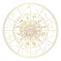 Wall Mural - astrological golden zodiac wheel with constellations and signs, horoscope vector symbols with sun an