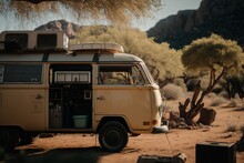 Vintage Camper Van In The Desert.