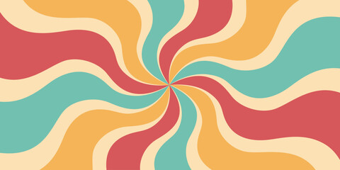 Wall Mural - Groovy 70s,60s background with twisted sunburst.Vector illustration