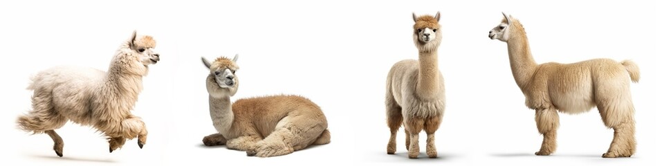 Alpacas animals banner panorama long - Collection of cute sweet funny standing, sitting, lying group of alpaca (vicugna pacos), isolated on white background, Generative Ai