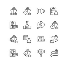 Set Of Logistics Related Icons, Loading Process, Container, Route, Ship, Container Stacking And Linear Variety Symbols.	
