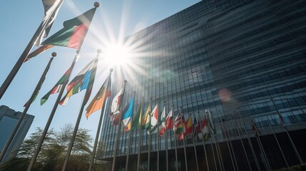 Flags of countries against United Nations building.