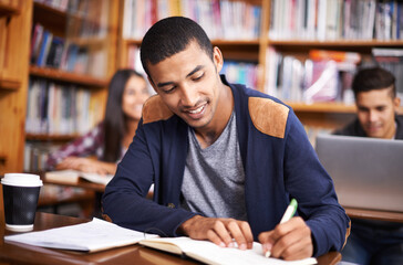 Aufkleber - Study, writing and smile with man in library for education, research and classroom quiz. Focus, learning and notebook with male student on university campus for knowledge, scholarship and project