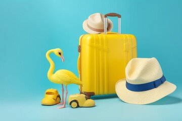 3d suitcase travel concept background flamingo sunglasses summer vacation yellow blue. Generative AI.