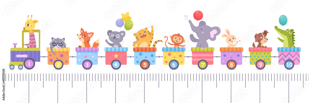 Train Theme Ruler Cute train with animals and school ruler vector illustration. Cartoon ...
