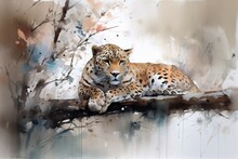 Watercolor Illustration Of A Leopard Lying On A Tree Branch.