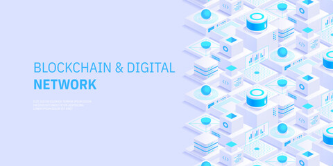 Poster - abstract blockchain and digital cloud network technology background. artificial intelligence, deep l