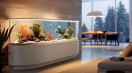 Illustration of a fish tank in a modern home interior. Generative AI. 