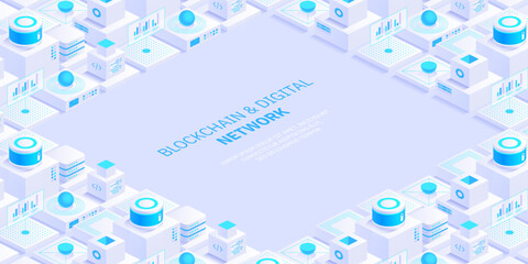 Poster - abstract blockchain and digital cloud network technology background. artificial intelligence, deep l