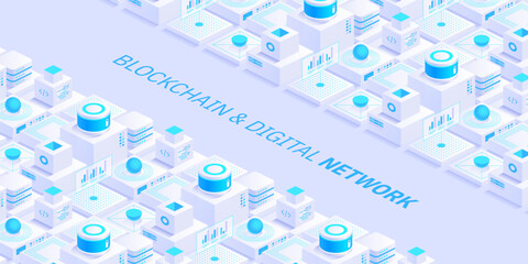 Poster - abstract blockchain and digital cloud network technology background. artificial intelligence, deep l