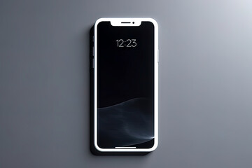 Mockup smartphone with blank white screen top view on black background. Copy space for advertisement. 