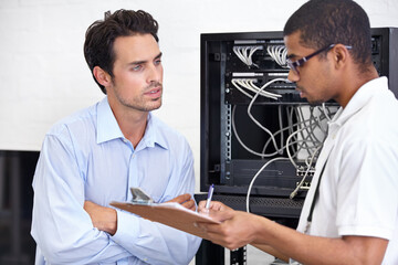 Wall Mural - Server room, men or technician with clipboard writing receipt or talking to a client about cyber security glitch. Network, database or contract with a male engineer speaking of information technology