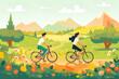 Young happy people rides a bicycle in the autumn city park. The concept of outdoor activities in the city in the fall. September, October warm weather. Cute cartoon.