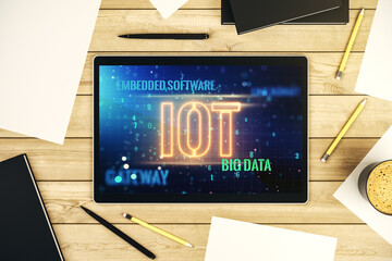 Poster - Creative IOT hologram on modern digital tablet screen, internet of things concept. Top view. 3D Rendering