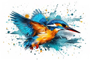 flying kingfisher. watercolor painting. hand drawn illustration.