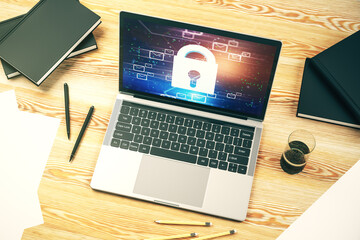 Poster - Creative concept with lock symbol and postal envelopes illustration on modern laptop screen. Protection and firewall concept. 3D Rendering