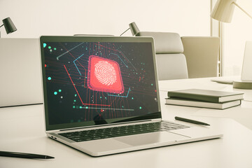 Poster - Modern computer monitor with abstract creative fingerprint hologram, research and development concept. 3D Rendering