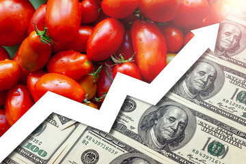 Rising food prices. Food crisis concept. Global financial crisis. Food deficiency. Graph of price increases for vegetables and farm products. Lack of agricultural products