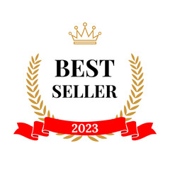 Wall Mural - best seller emblem, badge with wreath of laurel leaves frame, golden crown and 2023 text on red ribb