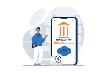 Poster - Payment web concept with character scene. Man using online banking and making transactions with credit card. People situation in flat design. Vector illustration for social media marketing material.