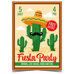 Fiesta party vector illustration design with a cactus in sombrero on background. Invitation card, promo banner or poster for traditional folk festival or carnival in Latin America, Spain and Mexico.